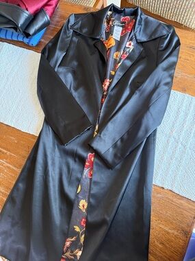 Silky Black Floral-Lined Long Coat